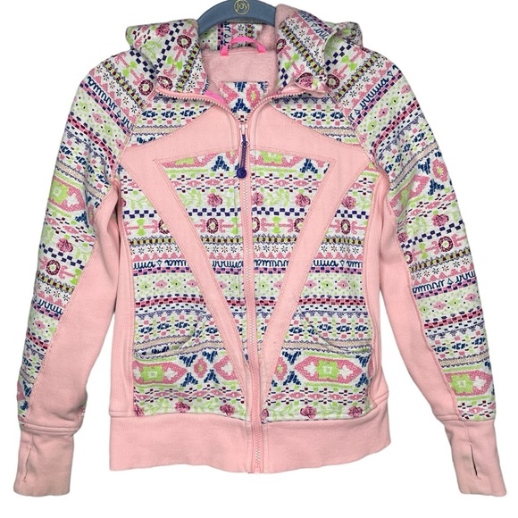 Ivivva Lululemon fleece jacket pink fair isle Nordic pattern girls size 12 coat - Picture 1 of 5